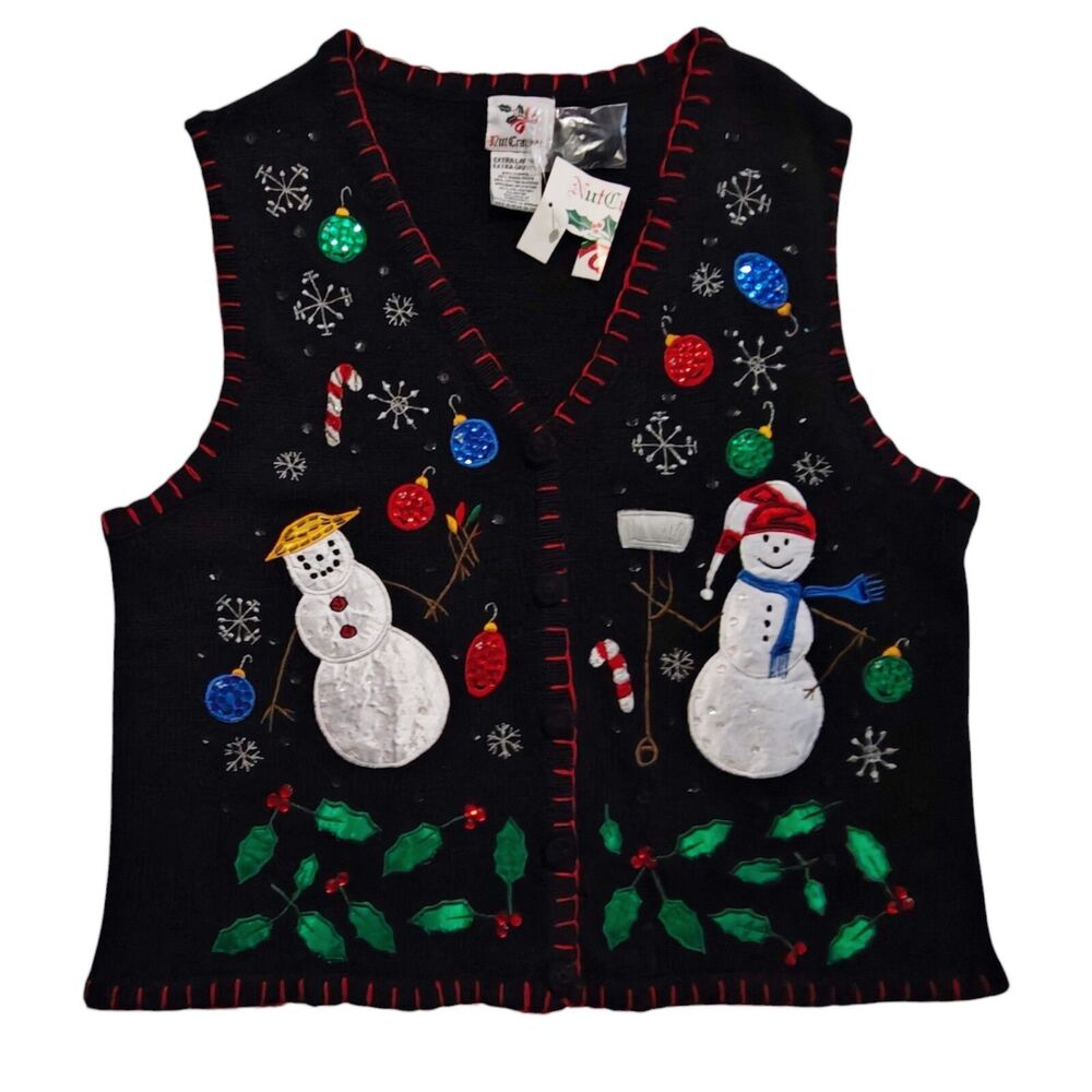 NEW Vintage Christmas Sweater Vest XL X-Large Snowman Sequin Sparkle Winter NWT
